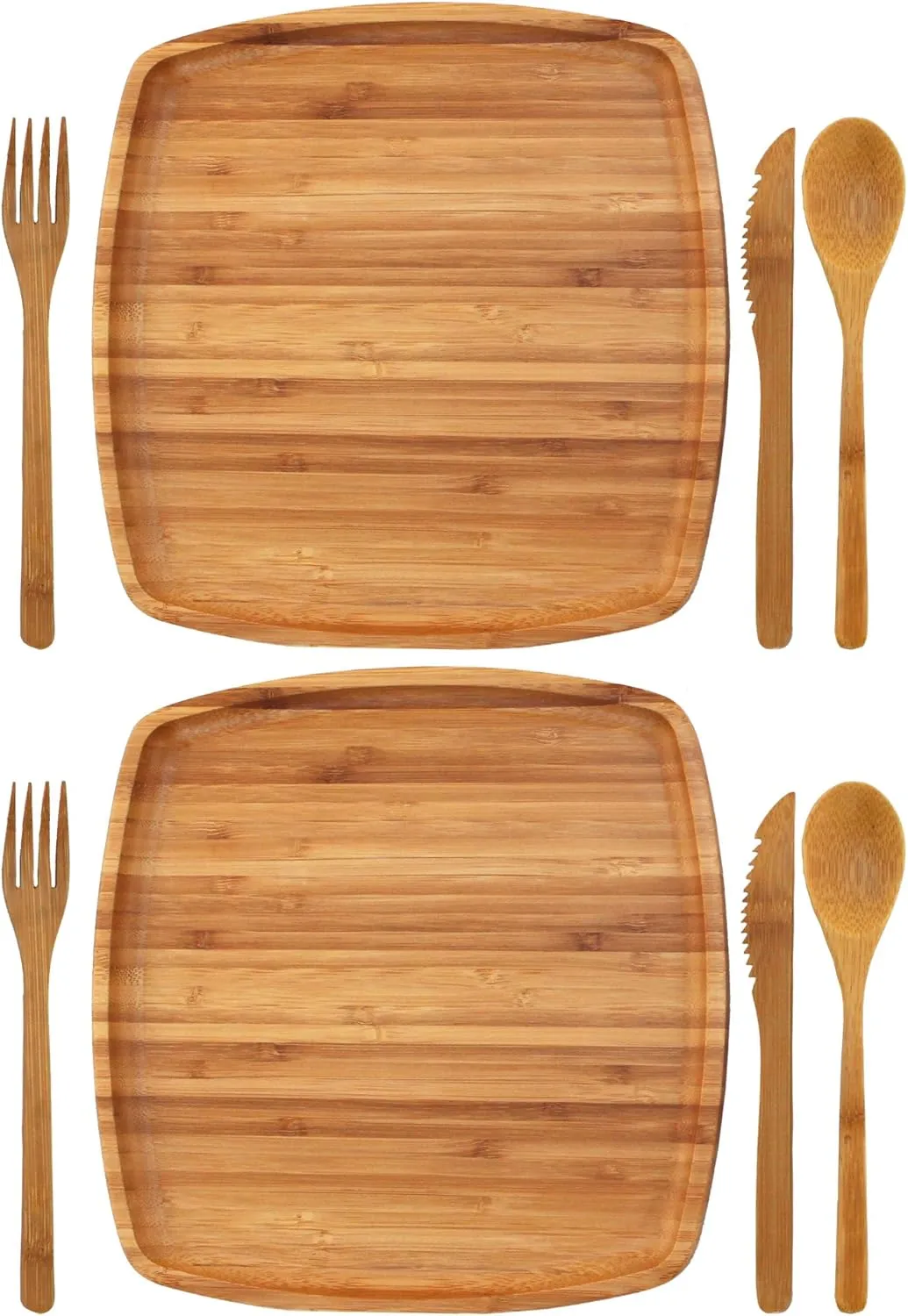 BambooMN Camping Mess Kit Lightweight Organic 10" x 10" Bamboo Plates, Forks, Knifes and Spoons for Camping, Hiking, or Backpacking - 4 Sets