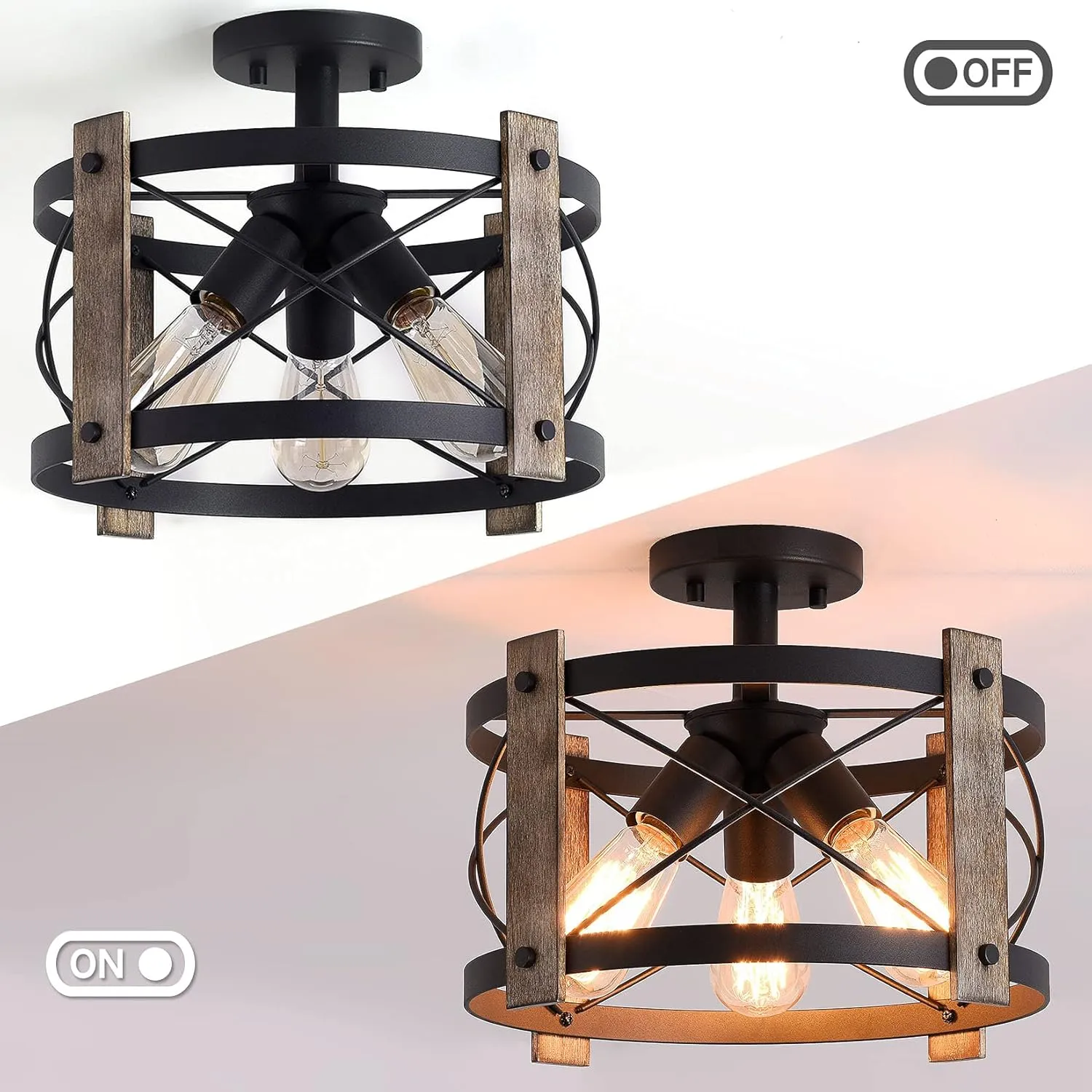 Bargeni Flush Mount Light Fixture,13-inch Rustic Ceiling Light Fixture,Matte Black Finish,3-Light Farmhouse Light Fixtures for Living Room,Kitchen,Bedroom,Dining Room,Foyer,Hallway