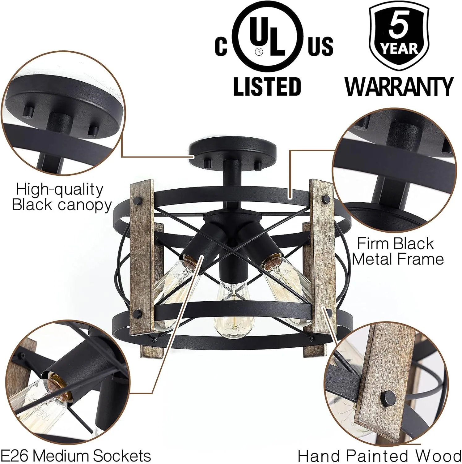 Bargeni Flush Mount Light Fixture,13-inch Rustic Ceiling Light Fixture,Matte Black Finish,3-Light Farmhouse Light Fixtures for Living Room,Kitchen,Bedroom,Dining Room,Foyer,Hallway