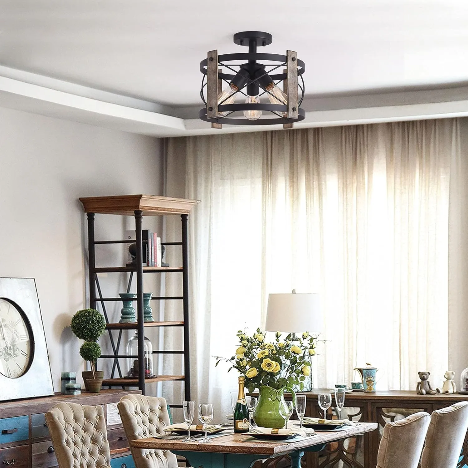 Bargeni Flush Mount Light Fixture,13-inch Rustic Ceiling Light Fixture,Matte Black Finish,3-Light Farmhouse Light Fixtures for Living Room,Kitchen,Bedroom,Dining Room,Foyer,Hallway