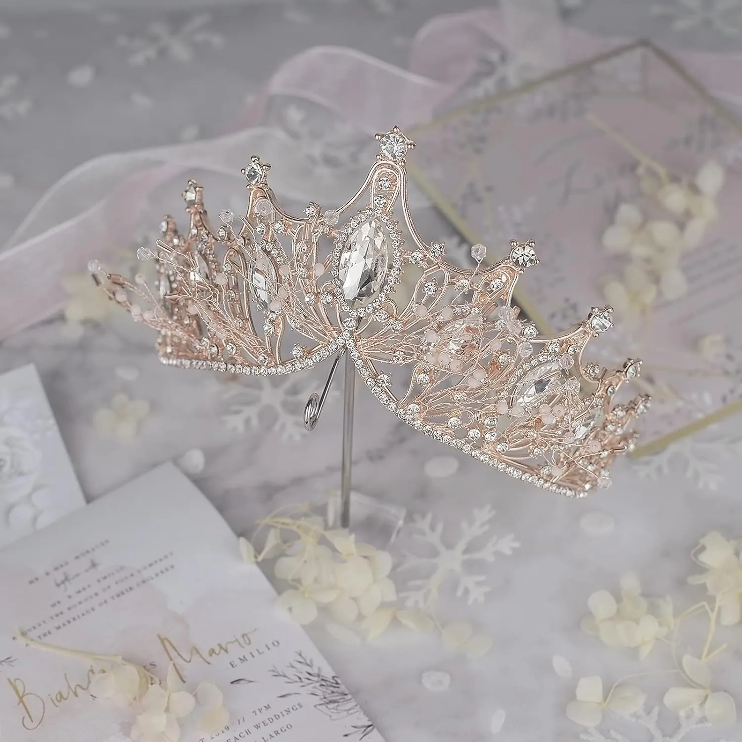 Baroque Queen Crown for Wedding Bride, Rose Gold Handmade Rhinestone Crystal Headband Tiaras and Crown for Women-Wedding Halloween Faire Costume Birthday Music Festival Hair Accessories-Yolmina