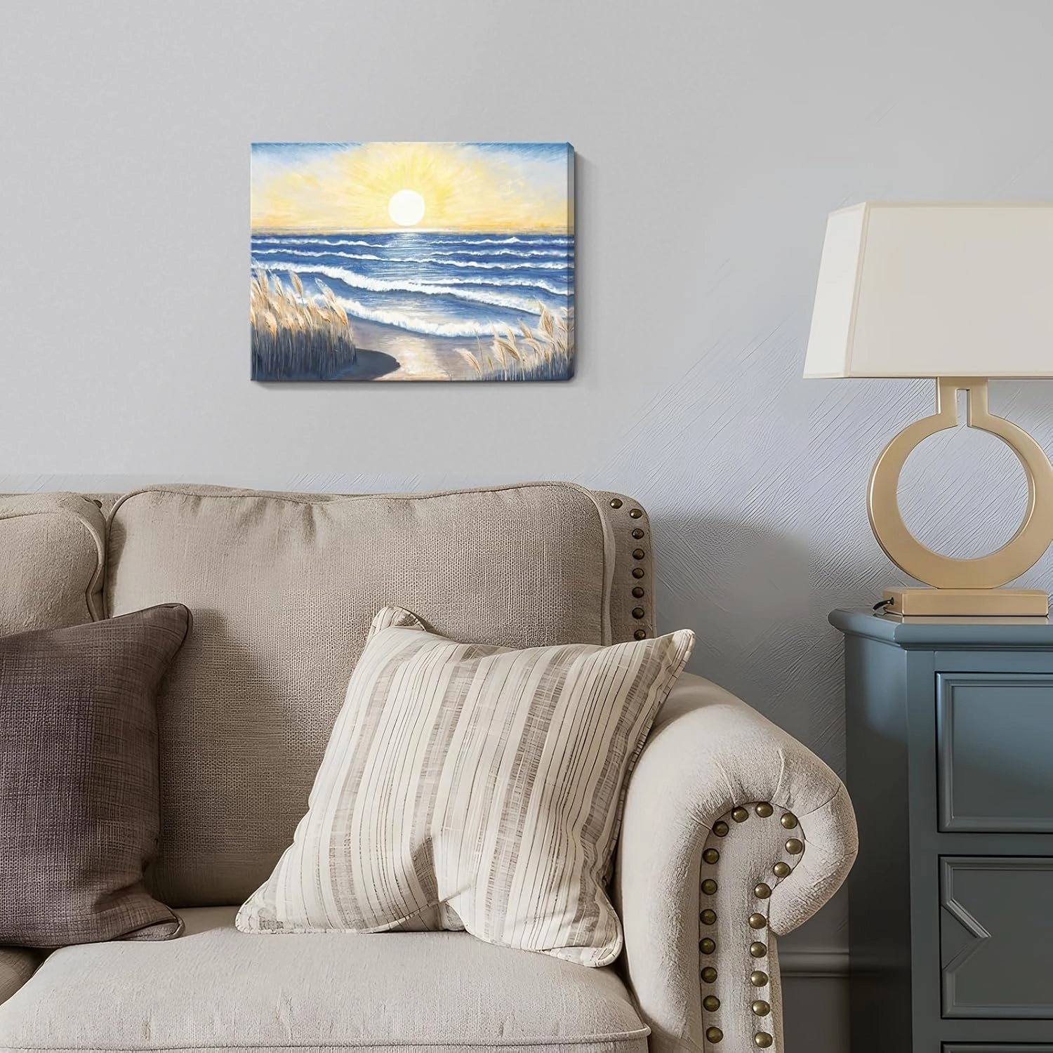 Bathroom Decor Wall Art Beach Sunset Blue Ocean Waves Nature Pictures Coastal Reeds Canvas Print Seaside Landscape Seashore Botanical Painting Seascape Artwork for Home Sea Lake Bedroom 12x16inch