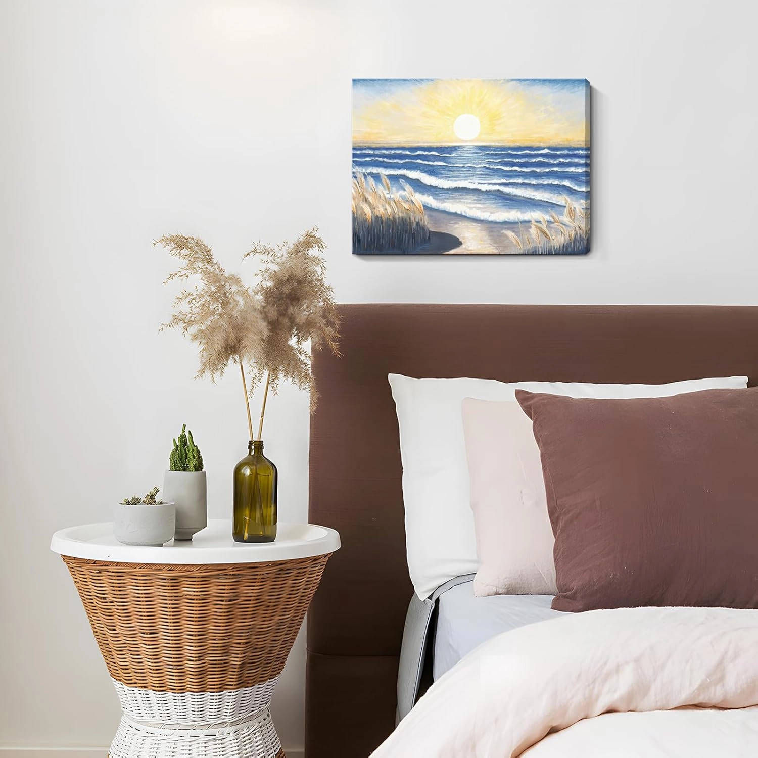 Bathroom Decor Wall Art Beach Sunset Blue Ocean Waves Nature Pictures Coastal Reeds Canvas Print Seaside Landscape Seashore Botanical Painting Seascape Artwork for Home Sea Lake Bedroom 12x16inch