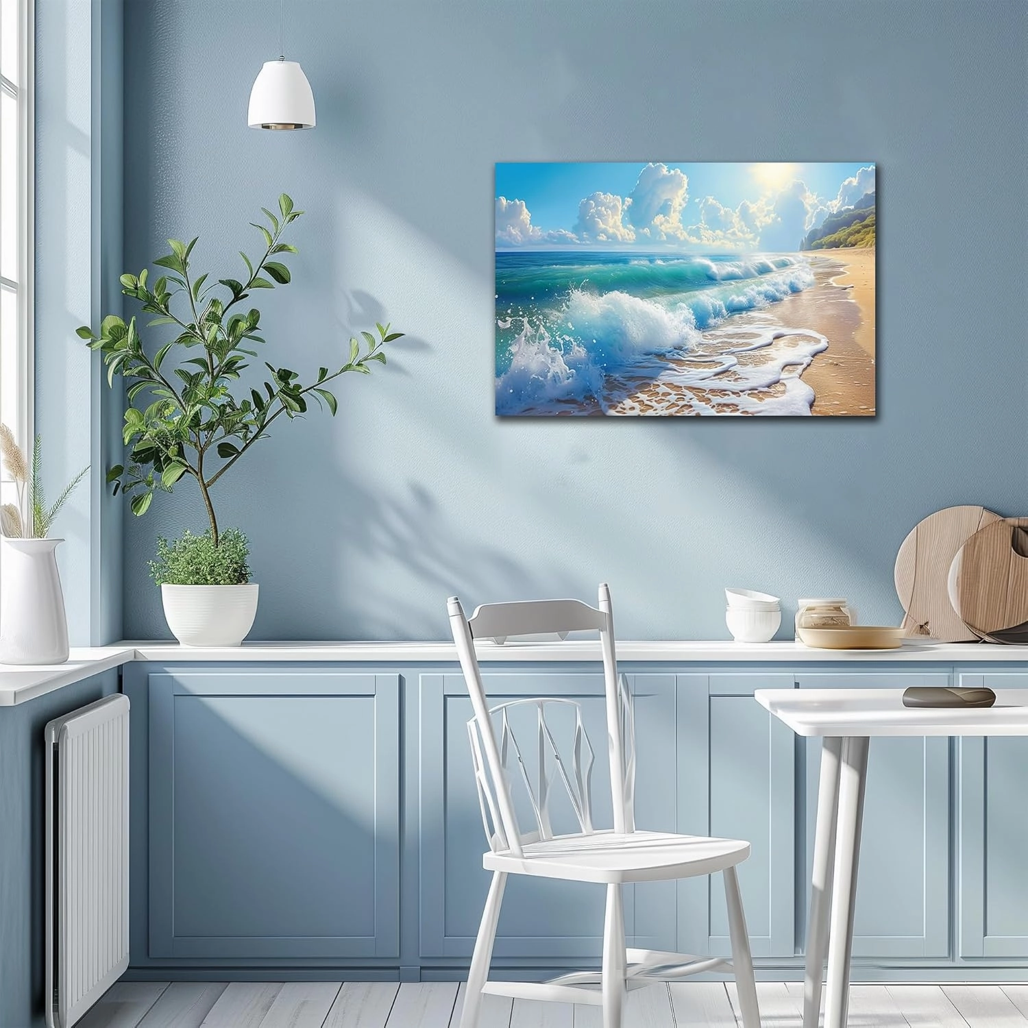 Bathroom Decor Wall Art, Blue Beach Picture Ocean Theme Canvas Prints Wall Art, Modern Coastal Seascape Painting Framed Seaside Artwork, Sunny Beach Ocean Landscape for Home Bedroom Office 28x40 Inch