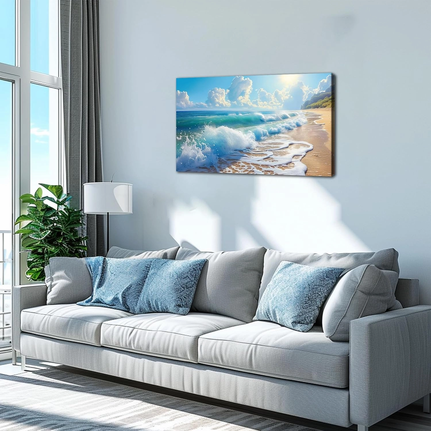 Bathroom Decor Wall Art, Blue Beach Picture Ocean Theme Canvas Prints Wall Art, Modern Coastal Seascape Painting Framed Seaside Artwork, Sunny Beach Ocean Landscape for Home Bedroom Office 28x40 Inch
