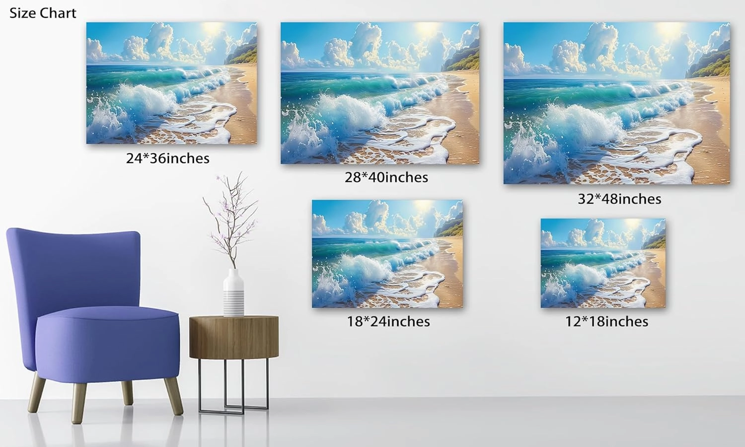 Bathroom Decor Wall Art, Blue Beach Picture Ocean Theme Canvas Prints Wall Art, Modern Coastal Seascape Painting Framed Seaside Artwork, Sunny Beach Ocean Landscape for Home Bedroom Office 28x40 Inch