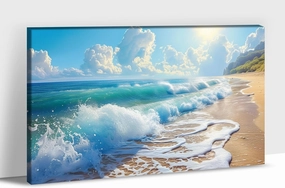 Bathroom Decor Wall Art, Blue Beach Picture Ocean Theme Canvas Prints Wall Art, Modern Coastal Seascape Painting Framed Seaside Artwork, Sunny Beach Ocean Landscape for Home Bedroom Office 28x40 Inch