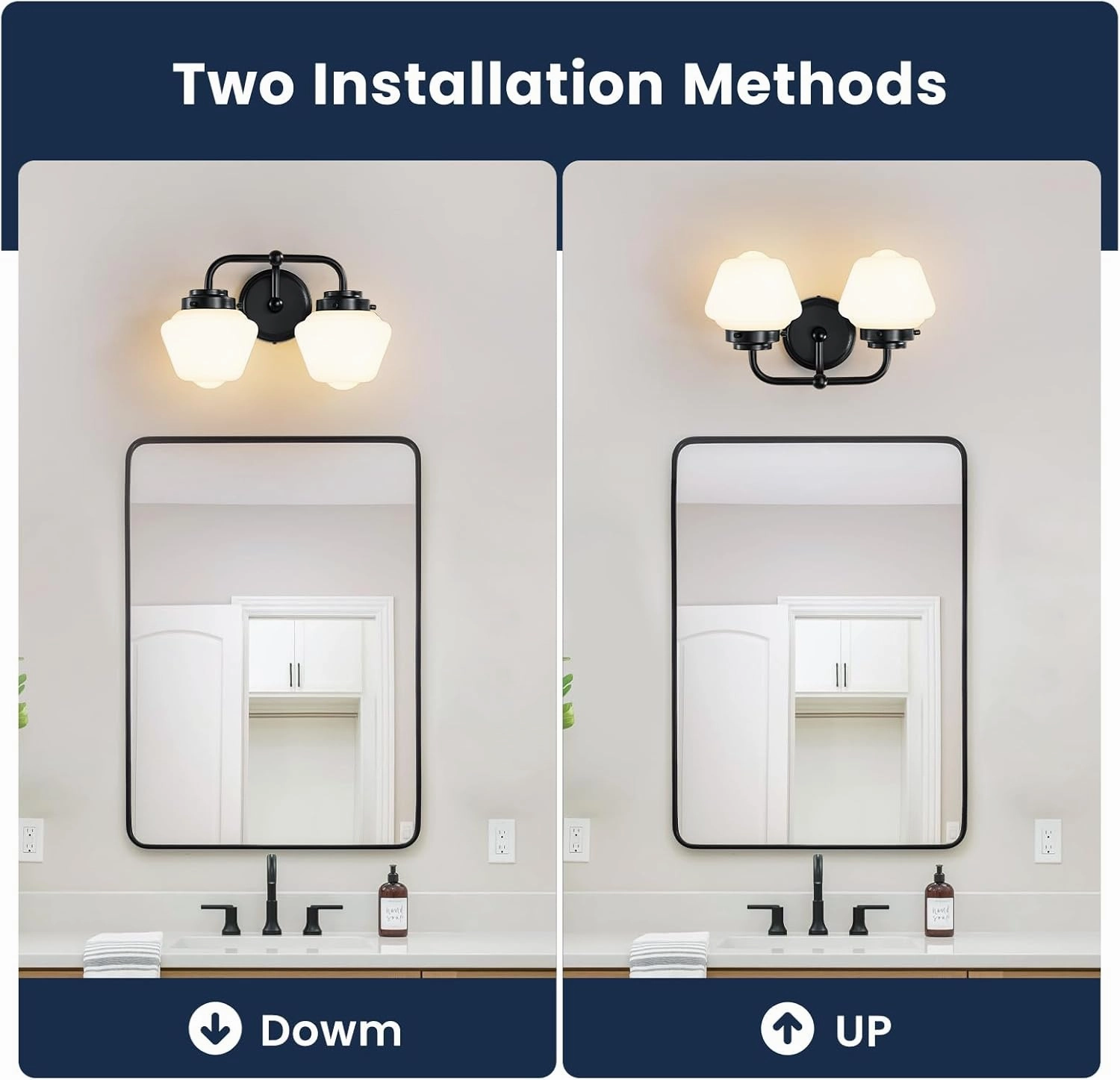 Bathroom Vanity Light Fixtures: 2-Light Black Bathroom Lighting Fixtures Over Mirror with Milky White Frosted Glass Shade, Farmhouse Modern Wall Light for Bath