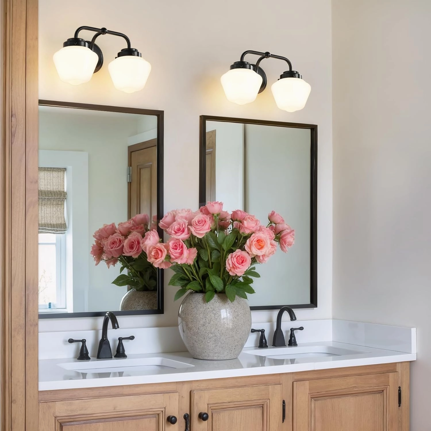 Bathroom Vanity Light Fixtures: 2-Light Black Bathroom Lighting Fixtures Over Mirror with Milky White Frosted Glass Shade, Farmhouse Modern Wall Light for Bath