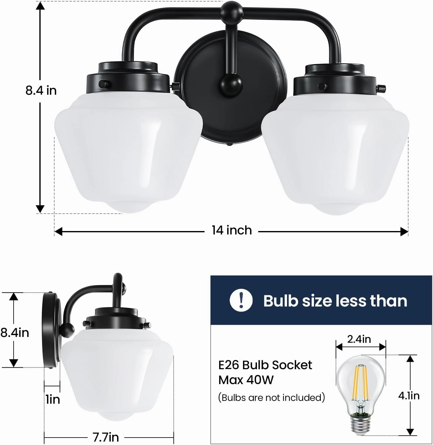 Bathroom Vanity Light Fixtures: 2-Light Black Bathroom Lighting Fixtures Over Mirror with Milky White Frosted Glass Shade, Farmhouse Modern Wall Light for Bath