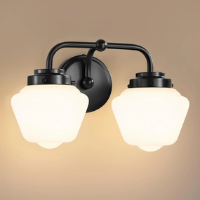 Bathroom Vanity Light Fixtures: 2-Light Black Bathroom Lighting Fixtures Over Mirror with Milky White Frosted Glass Shade, Farmhouse Modern Wall Light for Bath