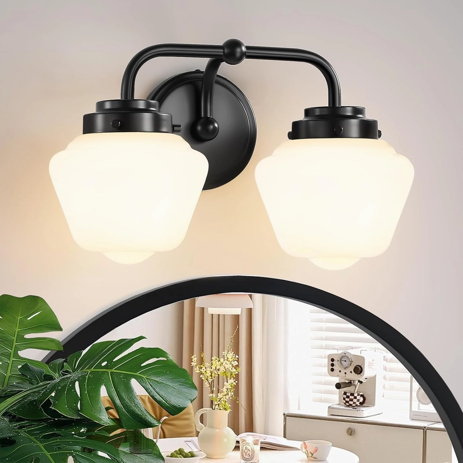 Bathroom Vanity Light Fixtures: 2-Light Black Bathroom Lighting Fixtures Over Mirror with Milky White Frosted Glass Shade, Farmhouse Modern Wall Light for Bath