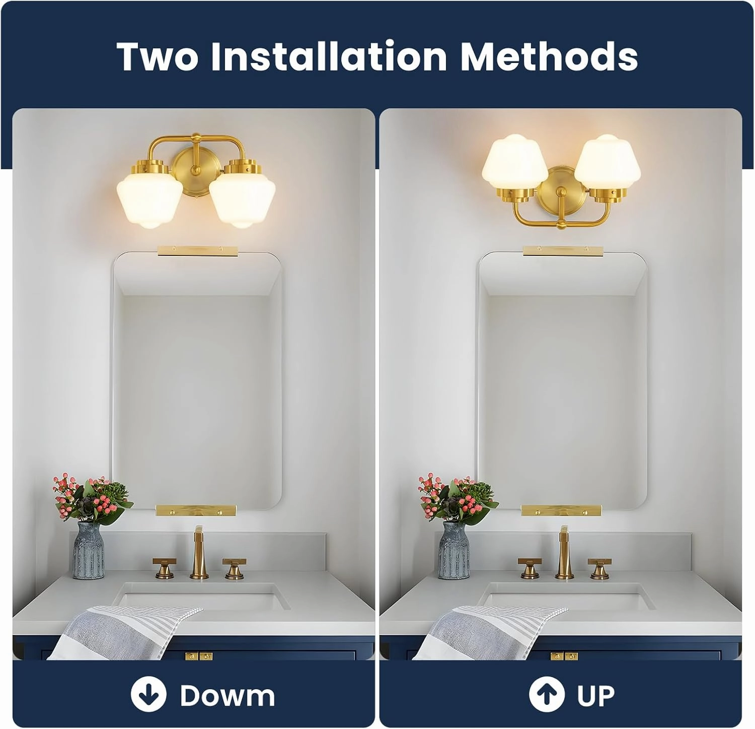 Bathroom Vanity Light Fixtures: 2-Lights Gold Bathroom Lighting Fixtures Over Mirror, Mid-Century Modern Wall Sconces with Frosted Milky Glass for Kitchen Bedroom Hallway