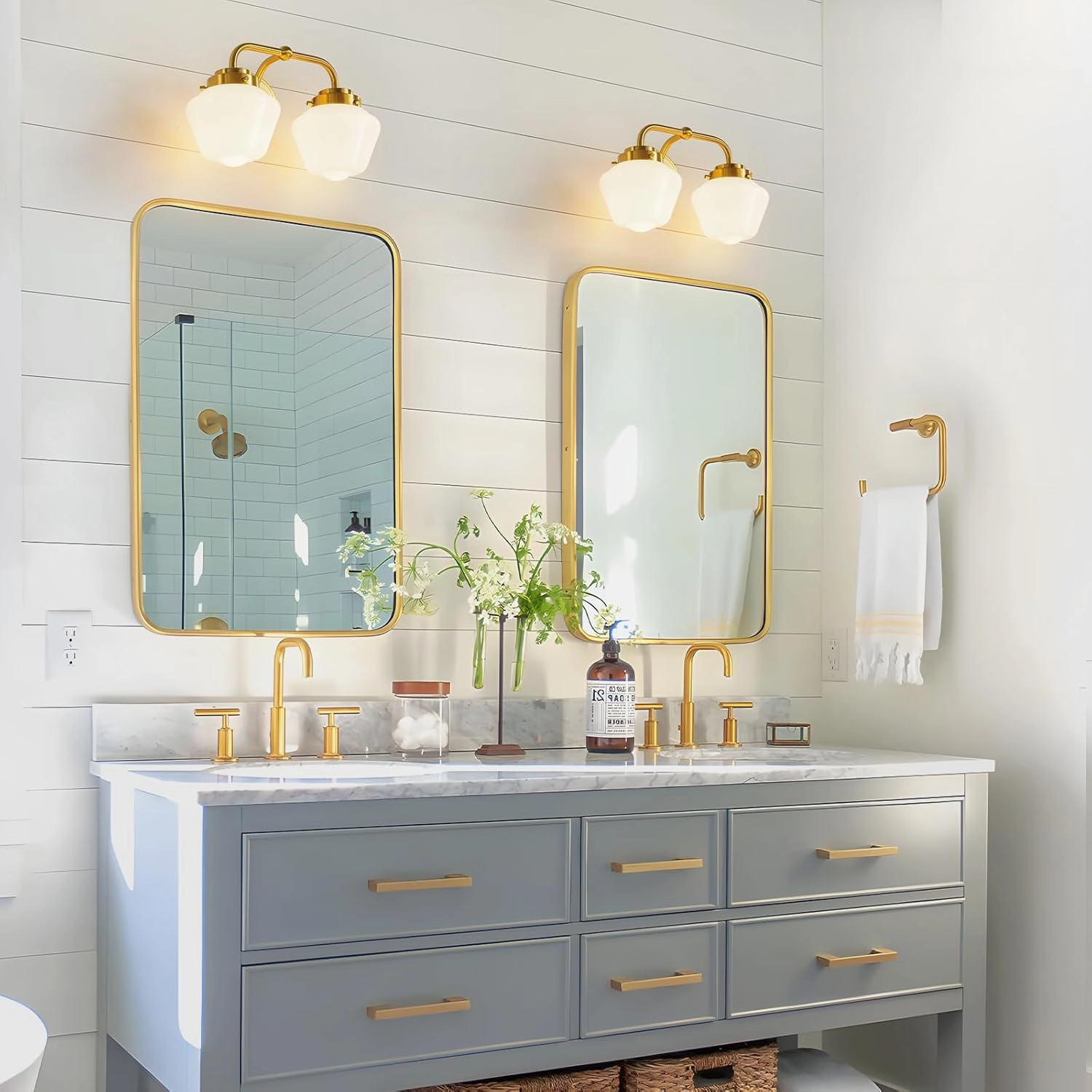 Bathroom Vanity Light Fixtures: 2-Lights Gold Bathroom Lighting Fixtures Over Mirror, Mid-Century Modern Wall Sconces with Frosted Milky Glass for Kitchen Bedroom Hallway