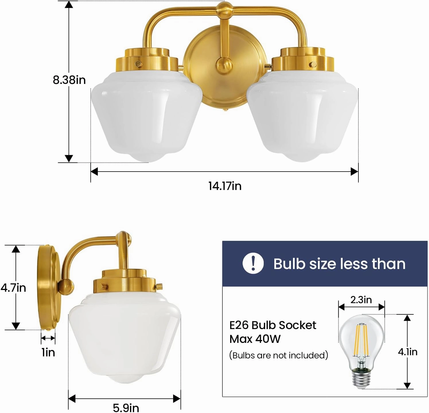 Bathroom Vanity Light Fixtures: 2-Lights Gold Bathroom Lighting Fixtures Over Mirror, Mid-Century Modern Wall Sconces with Frosted Milky Glass for Kitchen Bedroom Hallway
