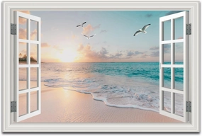 Beach Wall Art Pictures for Living Room Ocean Theme Canvas Wall Decor Window Frame Style Sunset Painting for Bedroom Large Sea View Print for Bathroom Office Home Decoration, Ready to Hang(32"*48")