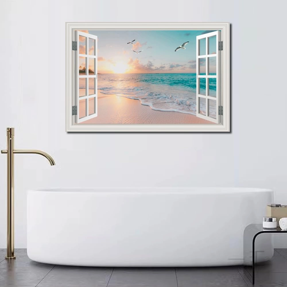 Beach Wall Art Pictures for Living Room Ocean Theme Canvas Wall Decor Window Frame Style Sunset Painting for Bedroom Large Sea View Print for Bathroom Office Home Decoration, Ready to Hang(32"*48")