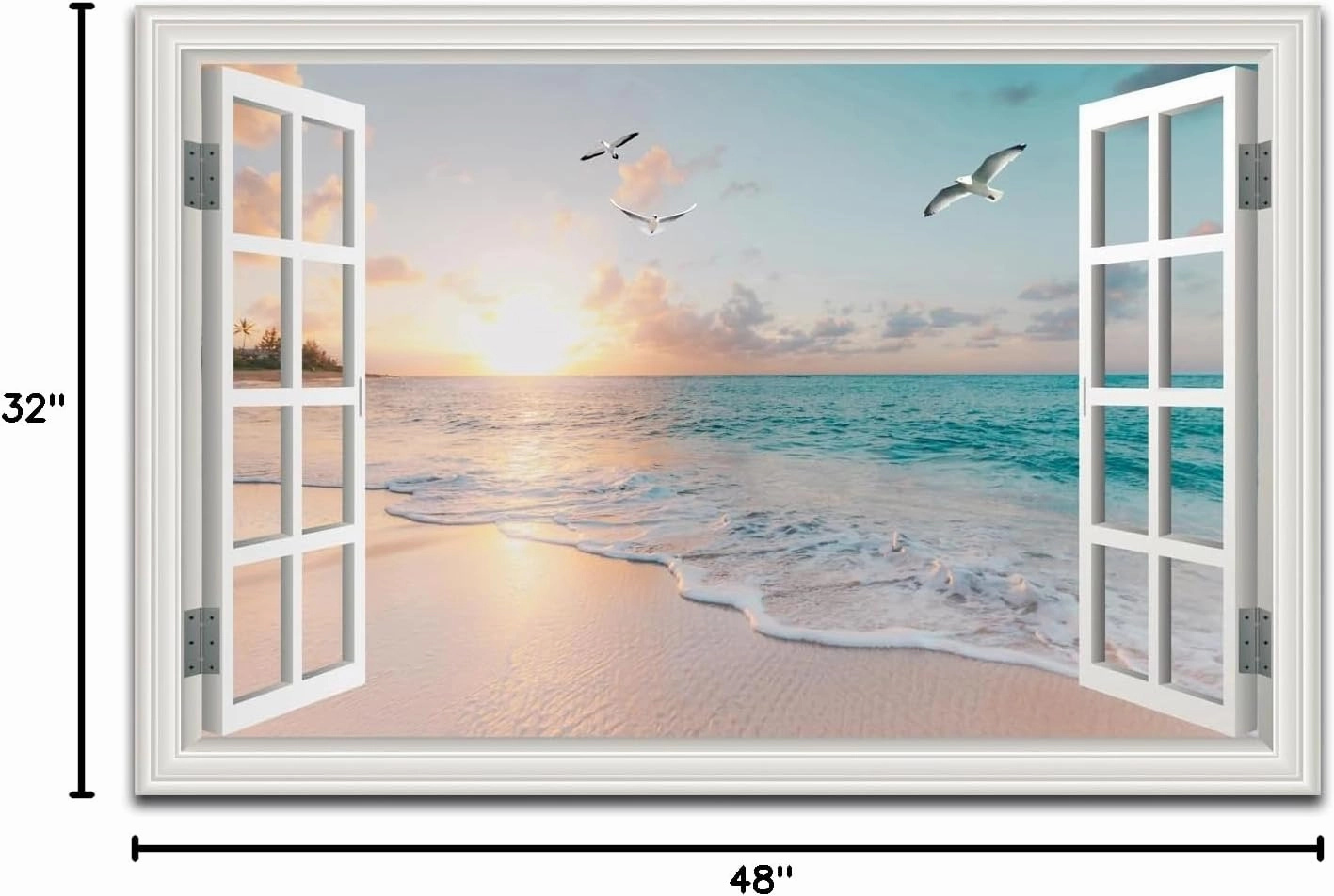 Beach Wall Art Pictures for Living Room Ocean Theme Canvas Wall Decor Window Frame Style Sunset Painting for Bedroom Large Sea View Print for Bathroom Office Home Decoration, Ready to Hang(32"*48")