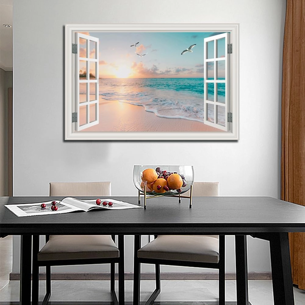 Beach Wall Art Pictures for Living Room Ocean Theme Canvas Wall Decor Window Frame Style Sunset Painting for Bedroom Large Sea View Print for Bathroom Office Home Decoration, Ready to Hang(32"*48")