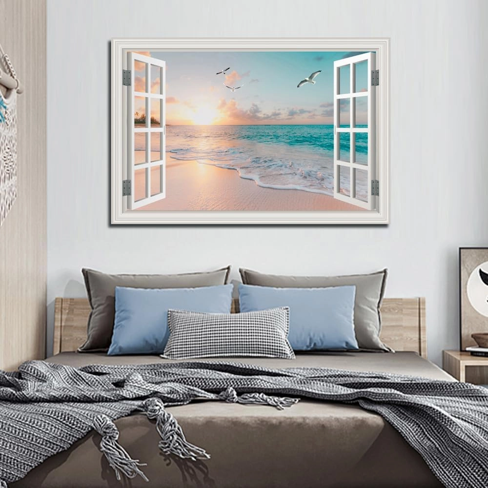 Beach Wall Art Pictures for Living Room Ocean Theme Canvas Wall Decor Window Frame Style Sunset Painting for Bedroom Large Sea View Print for Bathroom Office Home Decoration, Ready to Hang(32"*48")