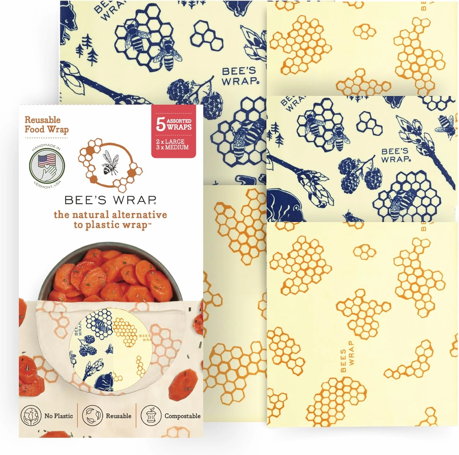 Bee's Wrap Beeswax Wraps for Food - Honeycomb & Bees   Bears Assorted 5 Pack (2L, 3M) Made in USA Reusable & Organic Food Wraps & Bowl Covers - Eco-Friendly Alternative to Aluminum Foil & Plastic Wrap