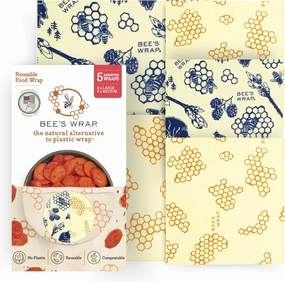 Bee's Wrap Beeswax Wraps for Food - Honeycomb & Bees   Bears Assorted 5 Pack (2L, 3M) Made in USA Reusable & Organic Food Wraps & Bowl Covers - Eco-Friendly Alternative to Aluminum Foil & Plastic Wrap