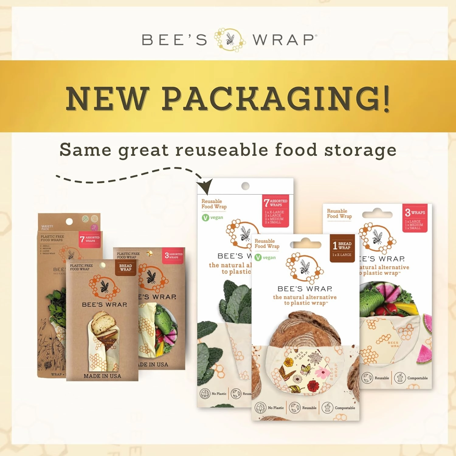 Bee's Wrap Beeswax Wraps for Food - Honeycomb & Bees   Bears Assorted 5 Pack (2L, 3M) Made in USA Reusable & Organic Food Wraps & Bowl Covers - Eco-Friendly Alternative to Aluminum Foil & Plastic Wrap