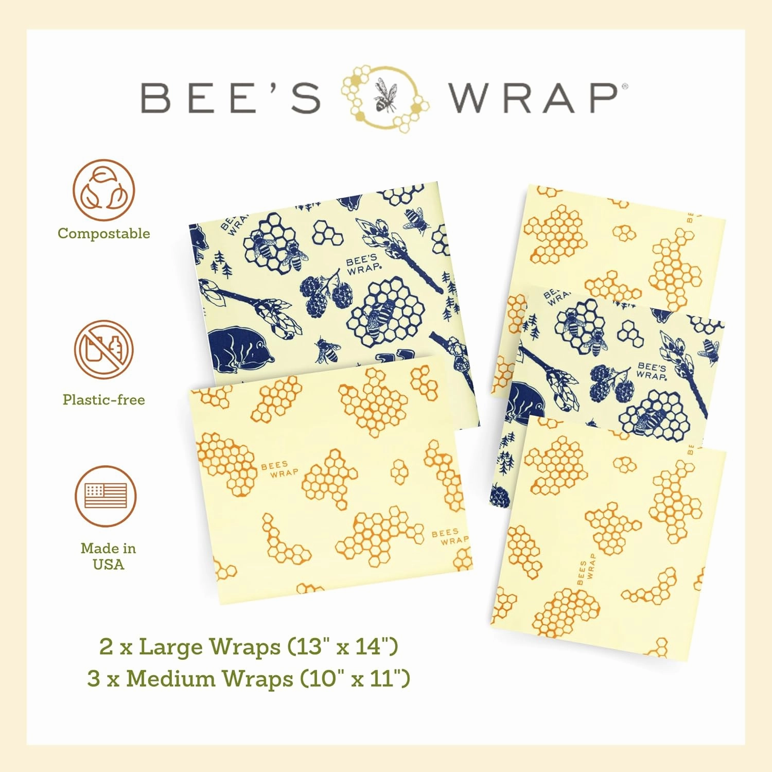 Bee's Wrap Beeswax Wraps for Food - Honeycomb & Bees   Bears Assorted 5 Pack (2L, 3M) Made in USA Reusable & Organic Food Wraps & Bowl Covers - Eco-Friendly Alternative to Aluminum Foil & Plastic Wrap
