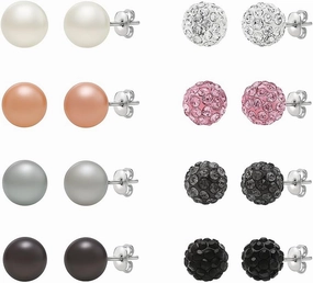 Belacqua 8 Pairs Stud Earrings for Women in Sterling Silver | Fresh Water Pearls | Crystal Studed Pearls | 7-8 mm | Jewelry Gifts for Women | Button Studs | A Quality