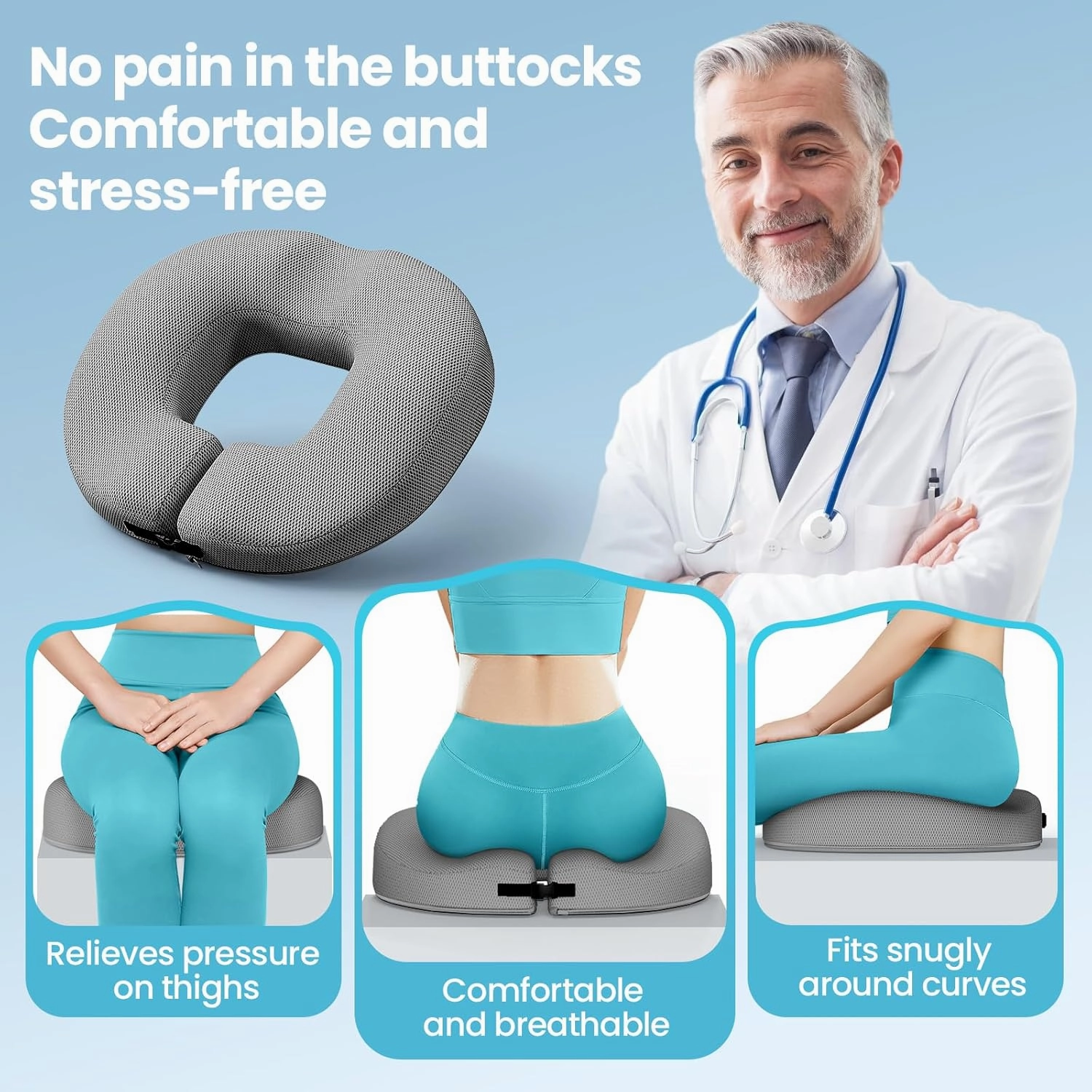 Benazcap Donut Pillow Seat Cushion for Tailbone Pain Relief, Memory Foam Hemorrhoid Pillow by Ergonomic for Coccyx, Sciatica, Pregnancy, Postpartum-Grey