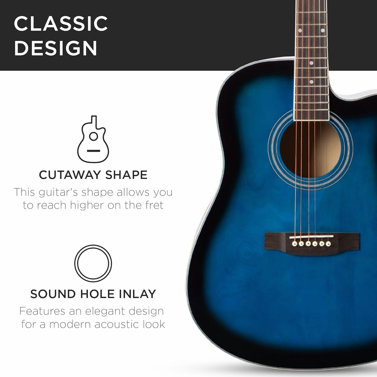 Best Choice Products 41in Beginner Acoustic Guitar Full Size All Wood Cutaway Guitar Starter Set w/Case, Strap, Capo, Strings, Picks - Blue