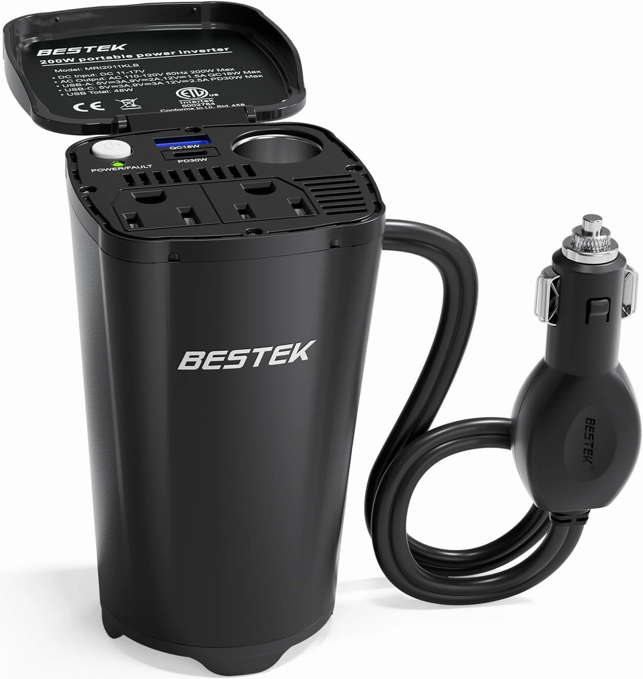 BESTEK 200W Power Inverter, 12V DC to 110V AC Car Plug Adapter Outlet Converter with [30W USB-C]/USB-Fast Charger(18W) / Dual AC Outlets/car Charger for Laptop