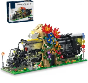 Big Black Steam Train Building Blocks Kits，Creative Flower Train Bookshelf ，1848 Pcs，Room Office Decoration，Gifts for Boys and Girls