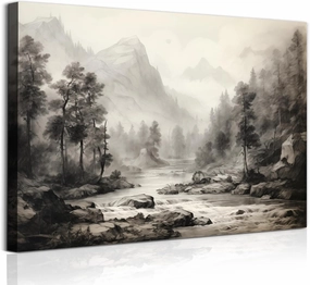 Black And White Landscape Canvas Wall Art Vintage Forest Pictures Mountain Lake Print Forest Landscape Poster Abstract Mountain Painting Forests Sketch Wall Art Nature Scenery Artwork 16x24in No Frame