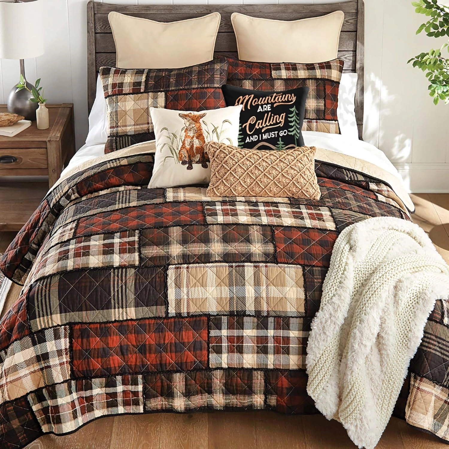 Black Forest Décor Mountain Lodge Plaid Quilt Bed Set - Queen, Rustic Cabin Plaid Bedding - 90" x 90"
