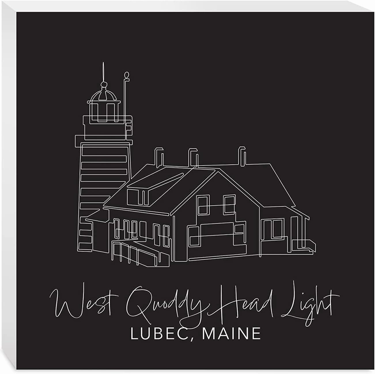 Black West Quoddy Head Light, Joyride Home Decor, Wood Block Sign, 10"x10" Freestanding, Shelf or Wall Displayed, Artist Designed Home Décor.