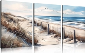 Blue Beach Canvas Wall Art for Living Room Bedroom Bathroom Nature Landscape Pictures Modern Wall Artwork 3 Pieces Coastal Wall Art Framed Canvas Prints 12x16 Inch