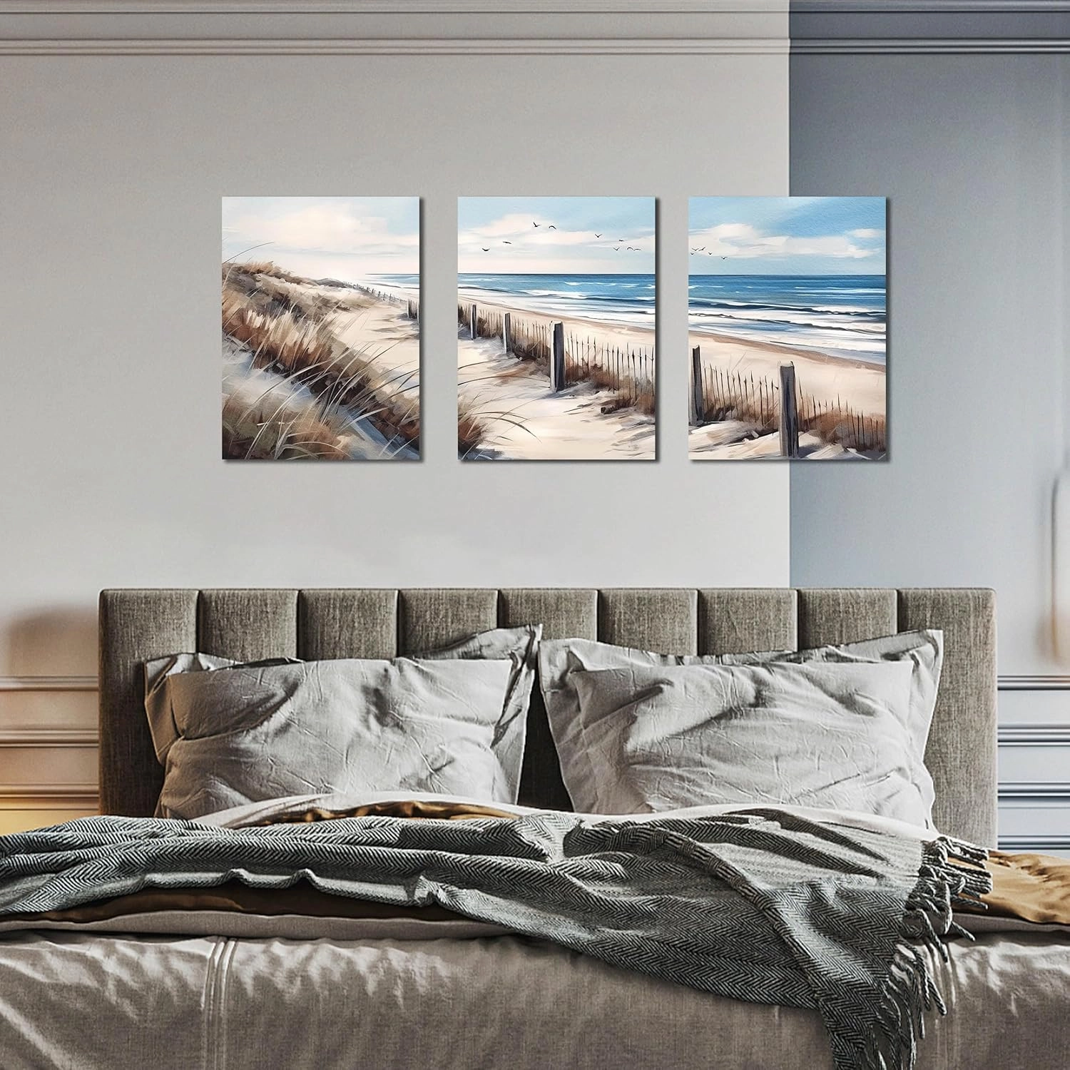 Blue Beach Canvas Wall Art for Living Room Bedroom Bathroom Nature Landscape Pictures Modern Wall Artwork 3 Pieces Coastal Wall Art Framed Canvas Prints 12x16 Inch