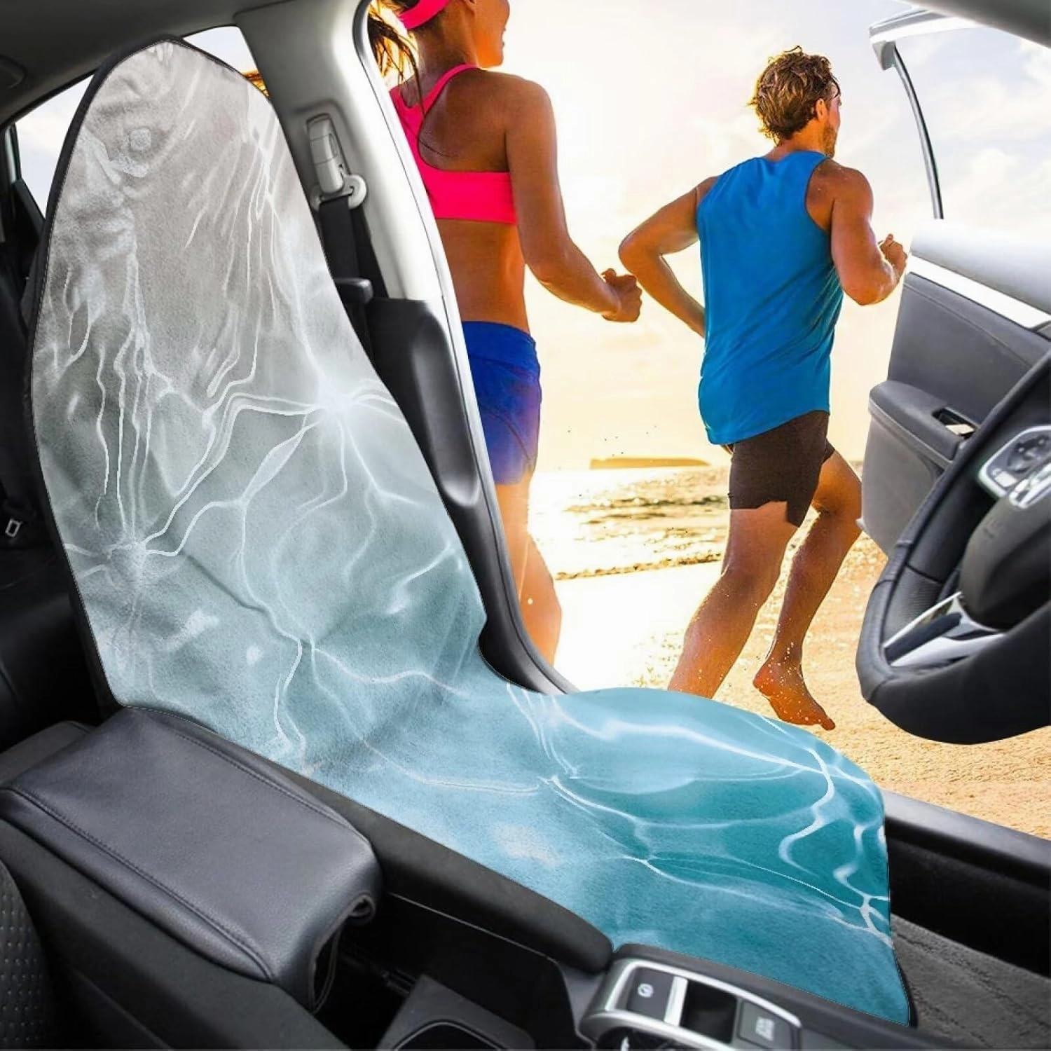 Blue Ocean Car Seat Towel Cover Waterproof, Water Wave Beach Towel Car Seat Cover Washable Sweat Towel Breathable Anti-Slip Athletic Towel Auto Seat Cover Accessories