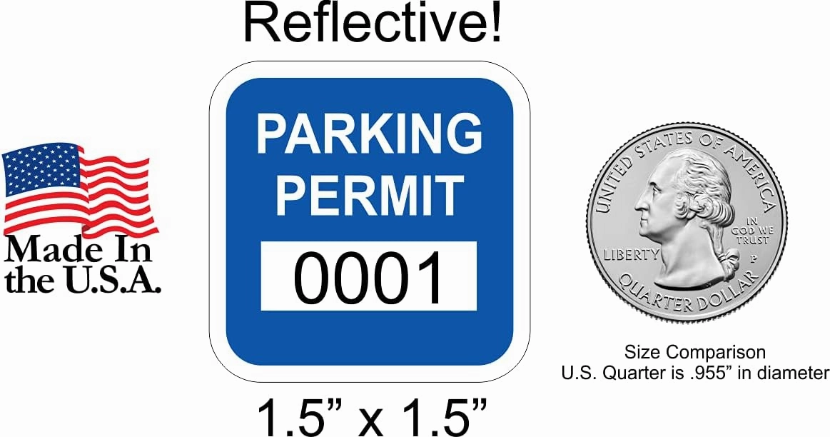 Blue Reflective 1.5" x 1.5" Small Rear View Mirror Parking Permit Window Stickers Decals (Multiple Number Sets Available) (0001 to 0050)