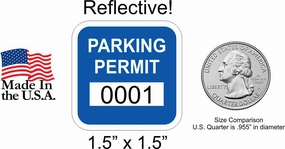 Blue Reflective 1.5" x 1.5" Small Rear View Mirror Parking Permit Window Stickers Decals (Multiple Number Sets Available) (0001 to 0050)