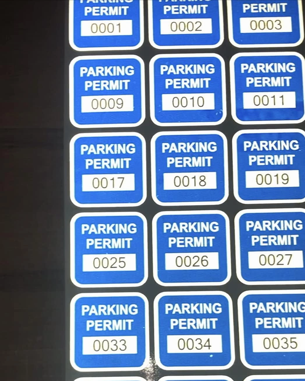 Blue Reflective 1.5" x 1.5" Small Rear View Mirror Parking Permit Window Stickers Decals (Multiple Number Sets Available) (0001 to 0050)