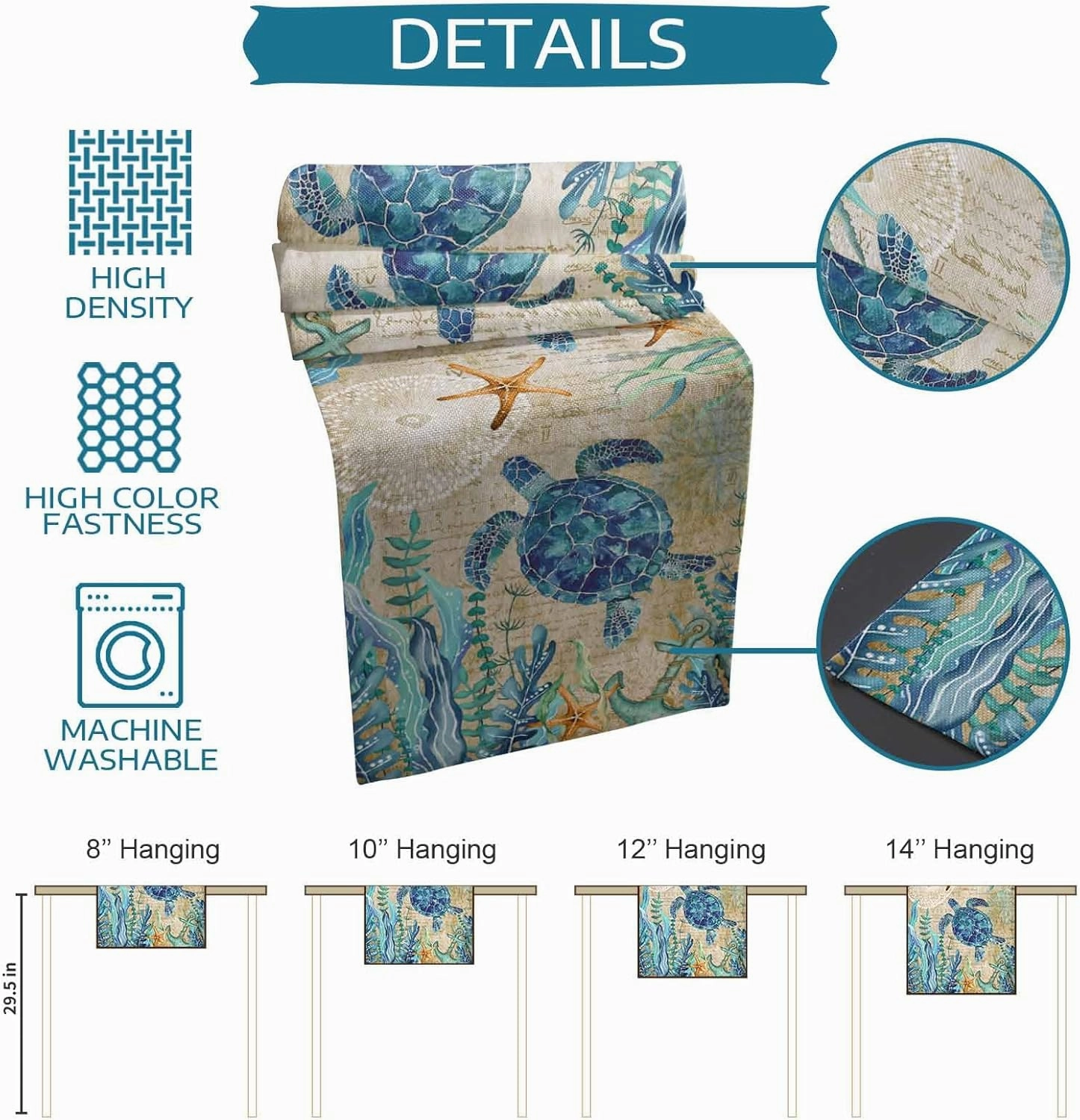 Blue Turtle Table Runner Dresser Scarves, Ocean Retro Art Kitchen Dining Table Runners,Washable Non-Slip Rectangle Table Setting Decor for Farmhouse Coffee Party Holiday Dinner, 18x72 inch Long