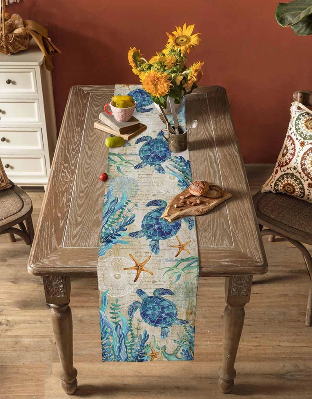 Blue Turtle Table Runner Dresser Scarves, Ocean Retro Art Kitchen Dining Table Runners,Washable Non-Slip Rectangle Table Setting Decor for Farmhouse Coffee Party Holiday Dinner, 18x72 inch Long