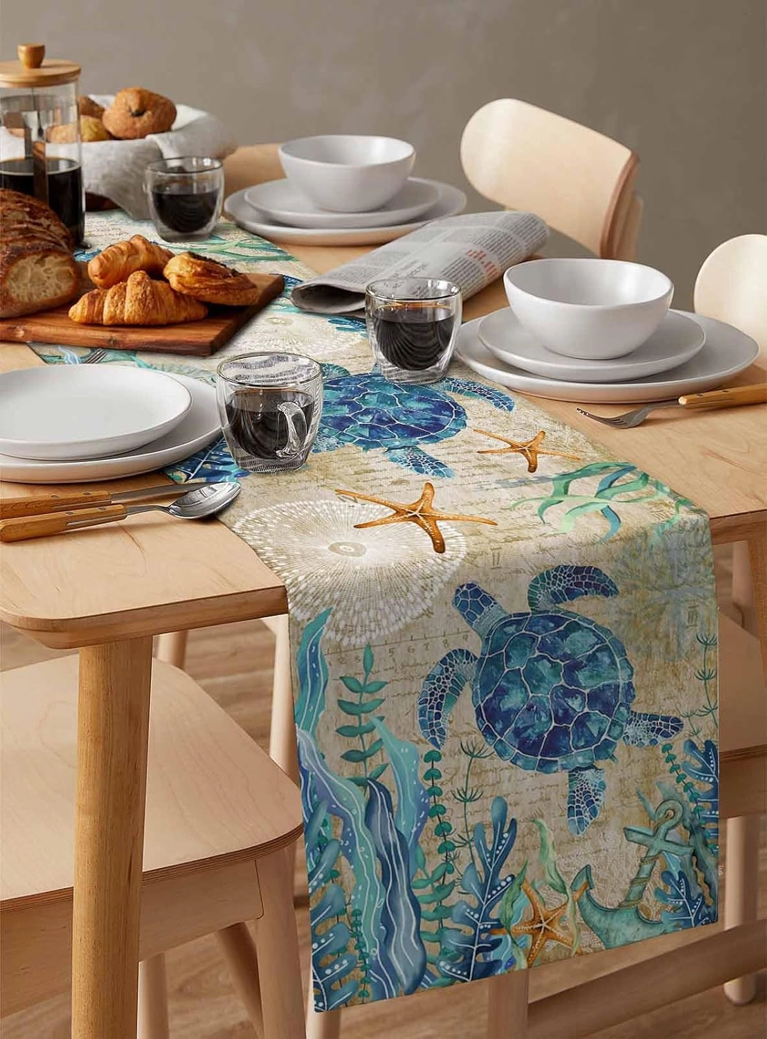 Blue Turtle Table Runner Dresser Scarves, Ocean Retro Art Kitchen Dining Table Runners,Washable Non-Slip Rectangle Table Setting Decor for Farmhouse Coffee Party Holiday Dinner, 18x72 inch Long