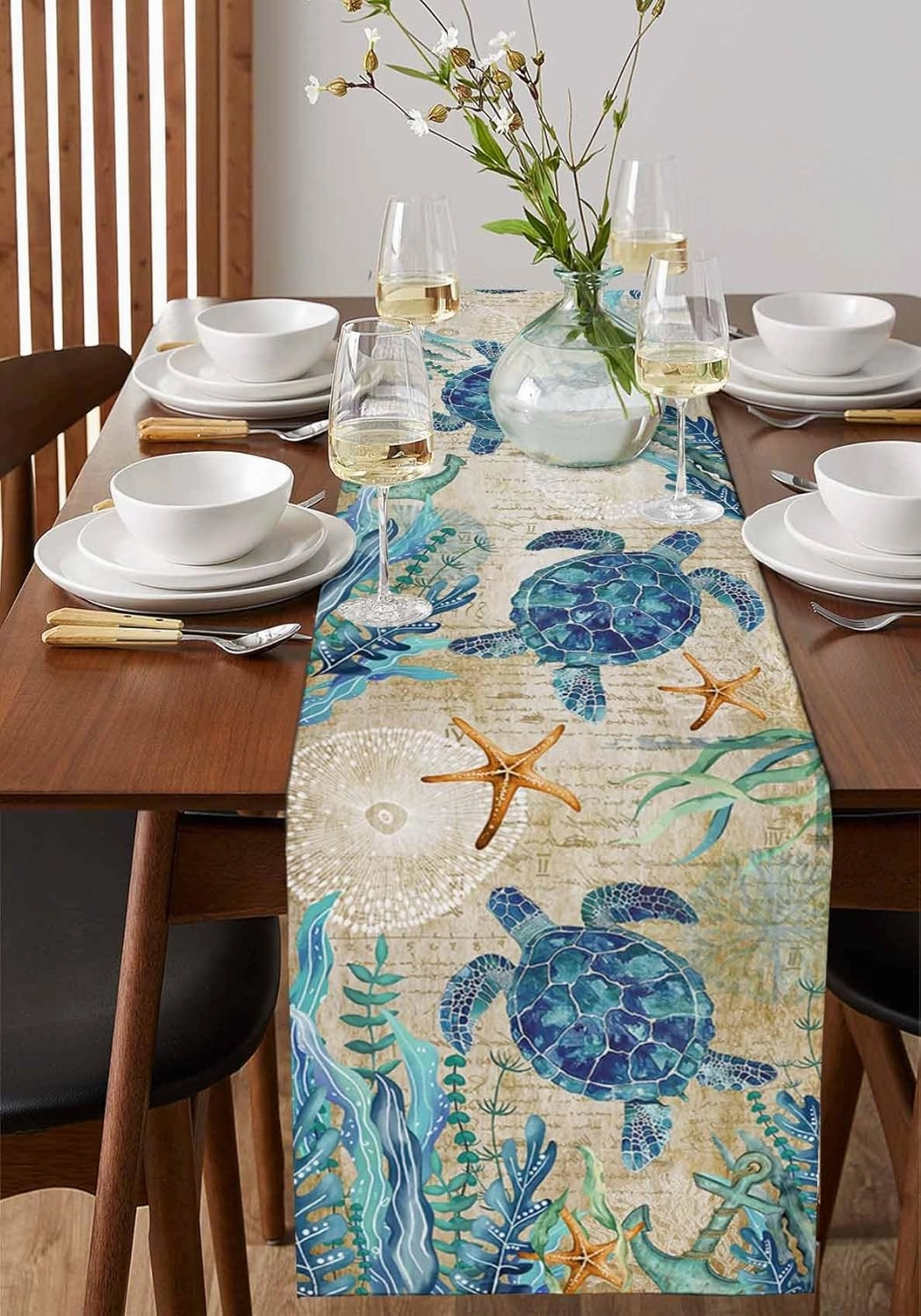 Blue Turtle Table Runner Dresser Scarves, Ocean Retro Art Kitchen Dining Table Runners,Washable Non-Slip Rectangle Table Setting Decor for Farmhouse Coffee Party Holiday Dinner, 18x72 inch Long