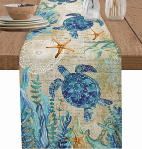 Blue Turtle Table Runner Dresser Scarves, Ocean Retro Art Kitchen Dining Table Runners,Washable Non-Slip Rectangle Table Setting Decor for Farmhouse Coffee Party Holiday Dinner, 18x72 inch Long