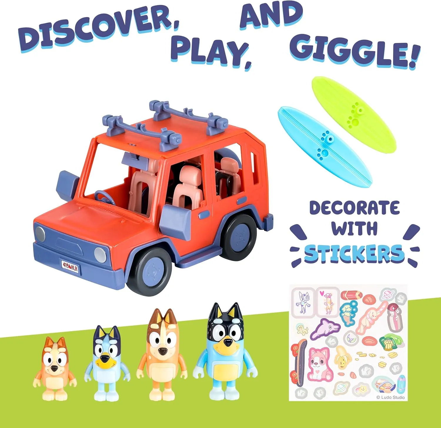 Bluey Heeler 4WD Family Toddler Toy Car with 4 Figures, Surfboards and Sticker Sheet, Pretend Play, Toys for Kids Ages 3 , Amazon Exclusive