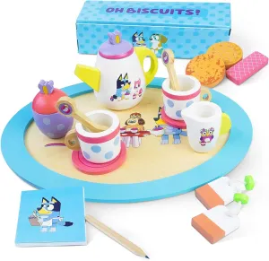 Bluey Wooden Tea Set - 18 Piece Teapot Set with Teapot, Tea Cups, Cookies, Tray and Notepad - FSC Certified Eco Toy for Kids Ages 3  - Creative Role Play
