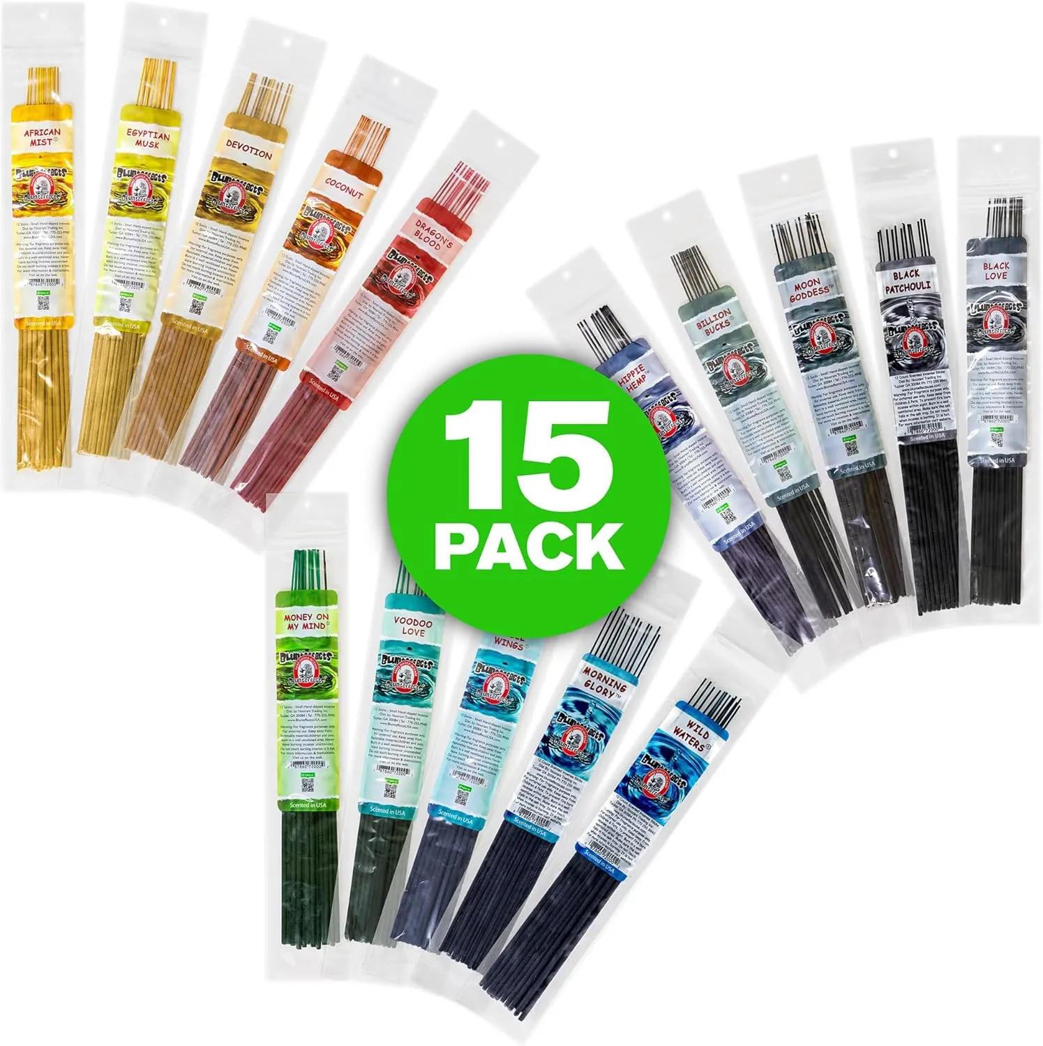 Blunteffects Hand-Dipped Incense Sticks - Premium 180-Pack Variety Set, 15 Different Scents, 11" Long, USA-Made Aromatherapy with Long Burn Time (15 Pack, 180 Total Sticks)